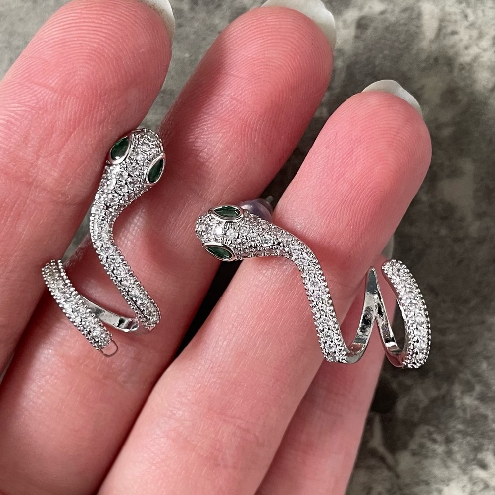 Silver Diamond Snake Ear Cuff Stud Earrings Emerald Eyes - Picture 2 of 10